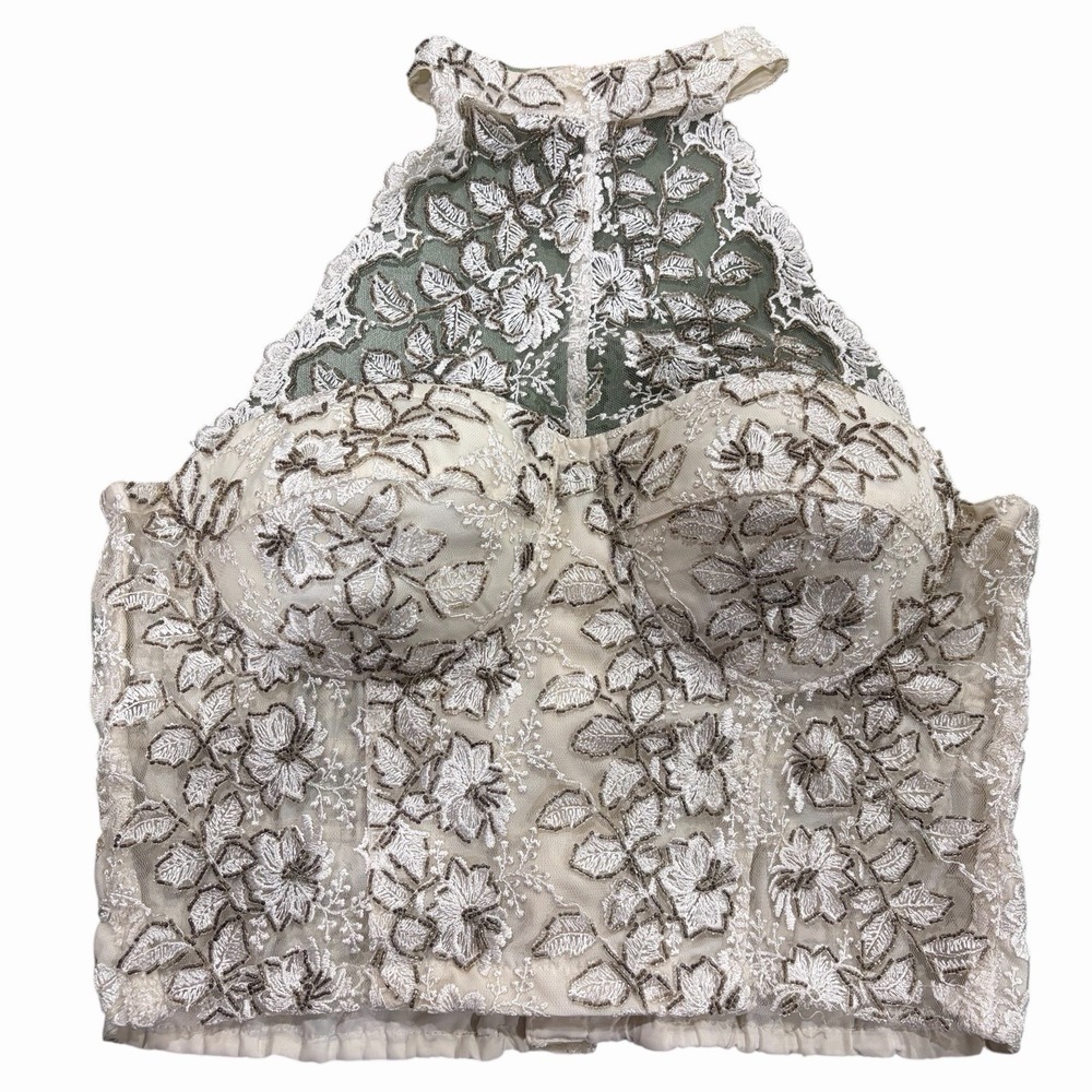 Fashion Fantasy Bustier White Halter Beaded Leaves Floral Funky Vintage‎